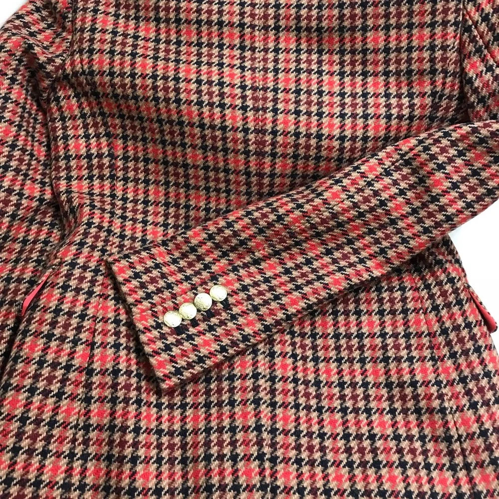 J. Crew Red Black Tan Houndstooth Wool Blazer